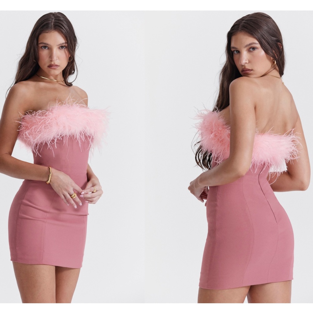 HOUSE OF CB 'Alexa' Warm Pink Mini Dress barbie feather NWOT size XS